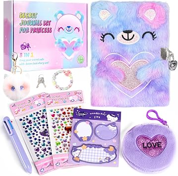 Diary for Girls Age 8-12, Girls Journal with Lock and Key, Kids Journal for Little Girls Birthday Gift, Cute Notebook with Multicolors Pen and Purse, Locking Diary Fuzzy Notebook for Writing Purple