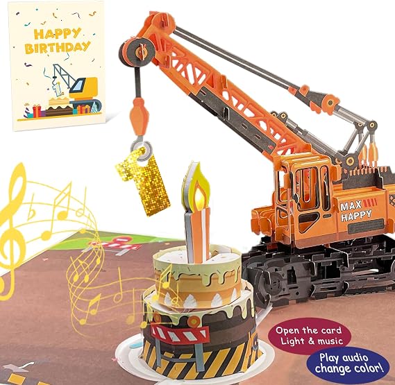 3D Greeting Pop Up 1st Birthday Card with light and music, Crane Truck card For Boy, Nephew, Grandson, Son, Toddler, with Envelope, Message Card - Open it play: plays hit song 'Happy Birthday'