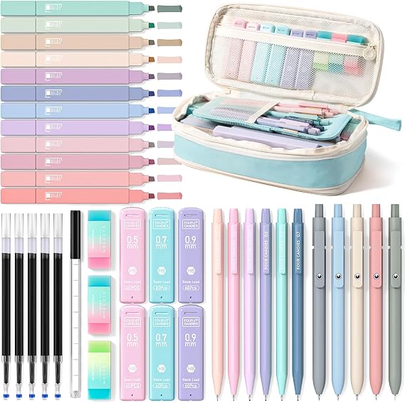 Four Candies Pencil Case, Filled with Stationery, 39ct, Blue, Aesthetic