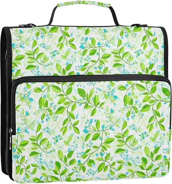 Basic Binder Zipper Organizer 1 1/2 Inch 3 Ring Binders d Ring Green Leaf Branches Multi Pockets Large Portfolio Folder Keeper Binder Bag with Strap for School, 13.6x12.4x3.5 inch
