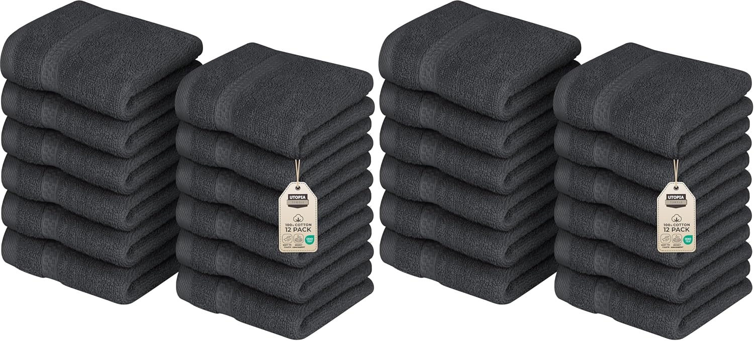 Utopia Towels 24 Pack Premium Wash Cloths Set, 12 by 12 Inches, 100% Cotton Ring Spun, Highly Absorbent and Soft Feel Essential Washcloths for Bathroom, Spa, Gym, and Face, Grey
