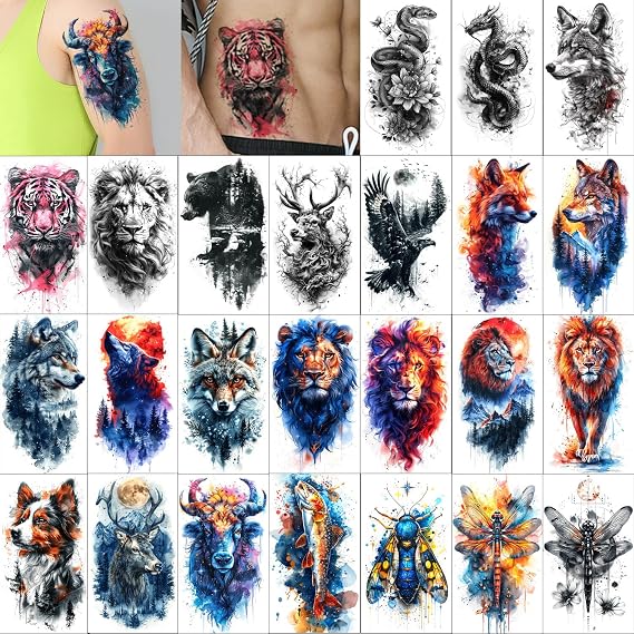 GLARYYEARS Men’s Temporary Tattoos Realistic 3D Animal Designs | 24 large waterproof fake tattoos. Painless 15-sec application for parties & cosplay. Lasts 5-7 days on arms or chest.