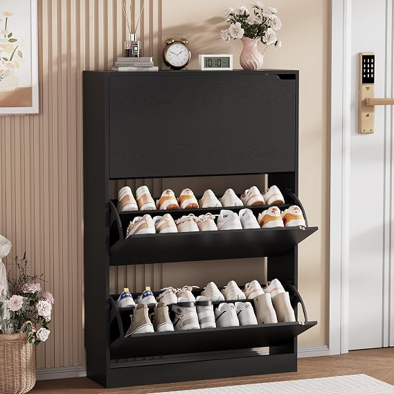 Shoe Storage Cabinet, Wood Shoe Organizer for Entryway with 3 Flip Drawers, Freestanding Shoe Rack with Adjustable Shelf, Narrow Shoe Dresser for Front Door Entrance (Black, 3 Drawers)