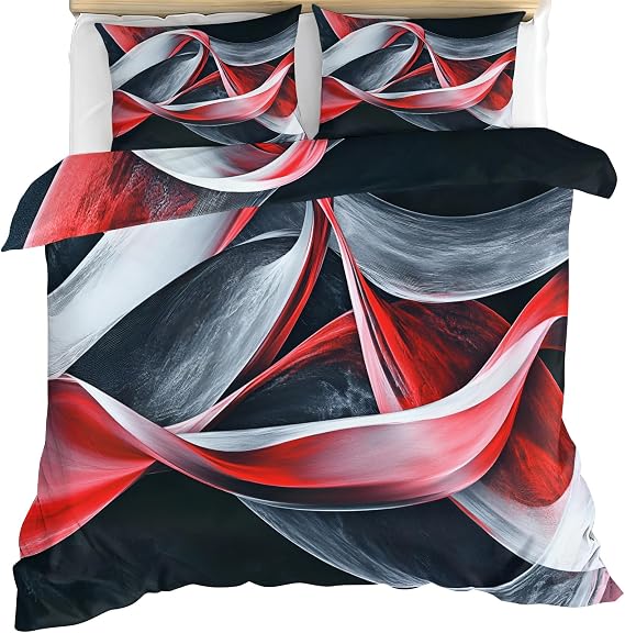 Abstract Comforter Set, Red and Black Duvet Cover King, Modern Stripes Bedding with 2 Pillowcases, Duvet Cover with Zipper, 3 Pieces, Reversible Bedding Set