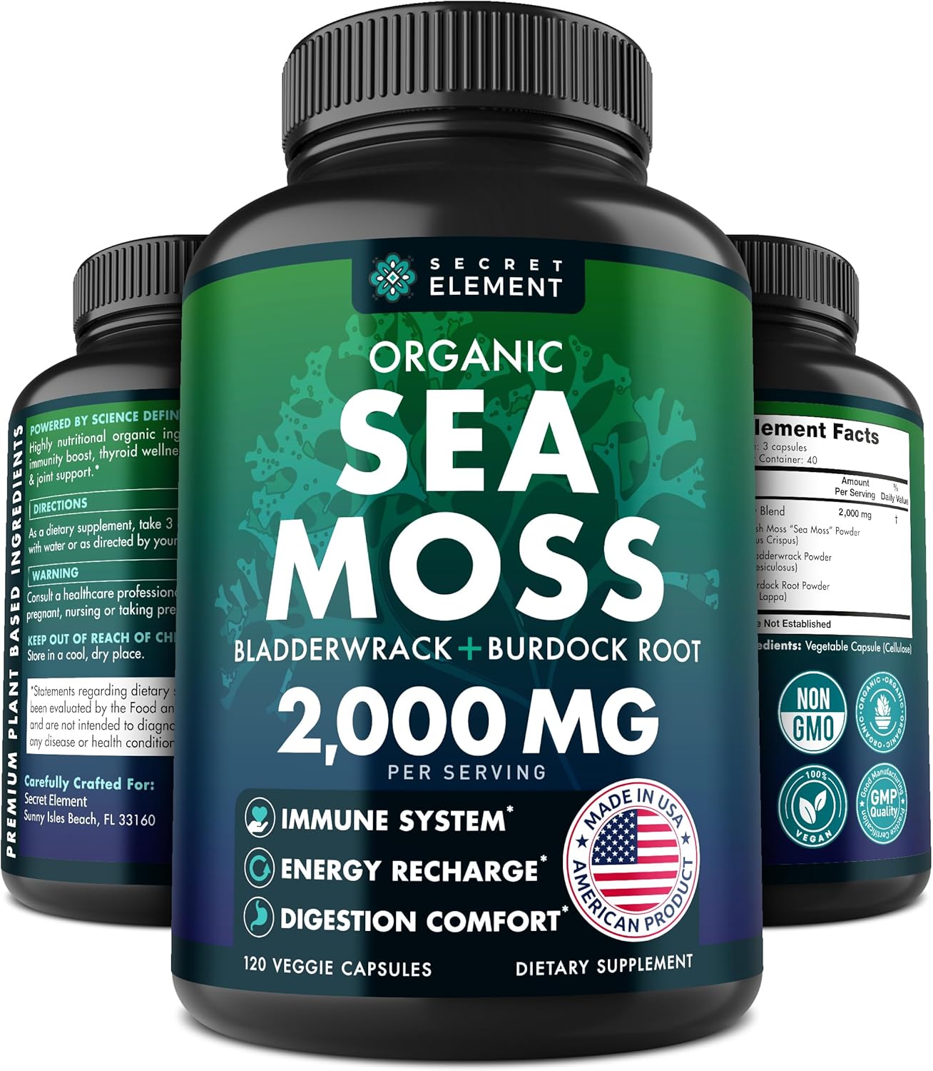 Organic Sea Moss Capsules - Burdock Root, Irish Moss and Bladderwrack Capsules - Immune System, Gut Cleanse & Thyroid Supplement - 120 Pills with All-Natural Sea Moss Powder