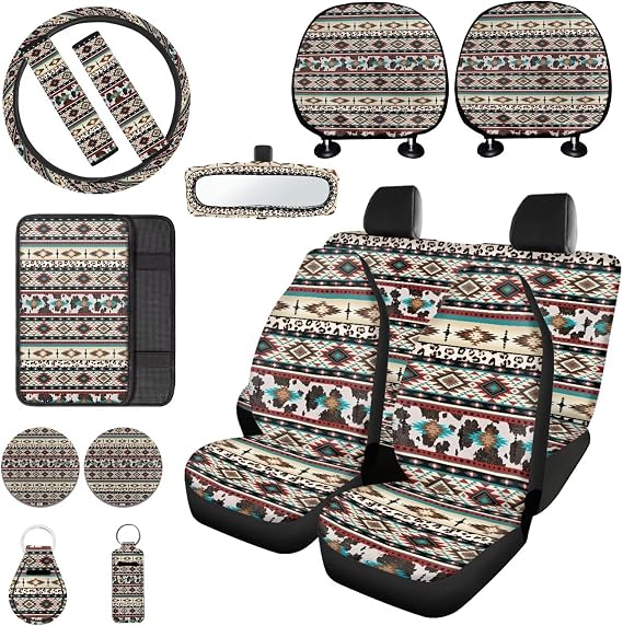 Aztec Southwest Auto Seat Cover Full Set Cow Print Armrest Pad Cover Non Slip Car Steering Wheel Cover Seat Belt Covers Universal Car Rear View Mirror Protector for Men Women, 15 Pack