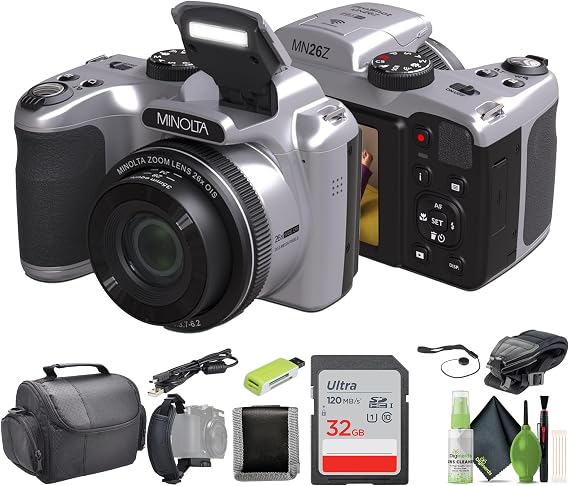 Minolta MN26Z 20 Mega Pixels 26x Optical Zoom Digital Camera with 1080p FHD Video Bundle with 32 GB Memory Card + Vlogging Tripod + Cleaning kit + More Accessories - Silver