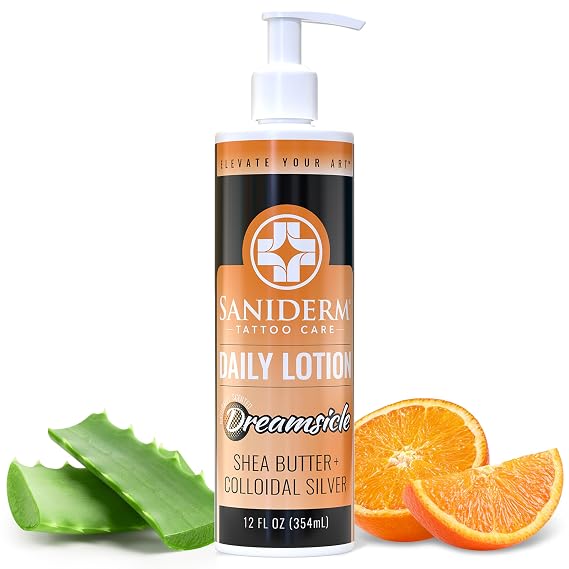 Saniderm - Daily Tattoo Lotion Moisturizer for Tattooed Skin - 12 oz | Includes Aloe Vera, Jojoba Oil, Shea Butter, Colloidal Silver and Daily Lotion for Tattooed Skin Maintenance.
