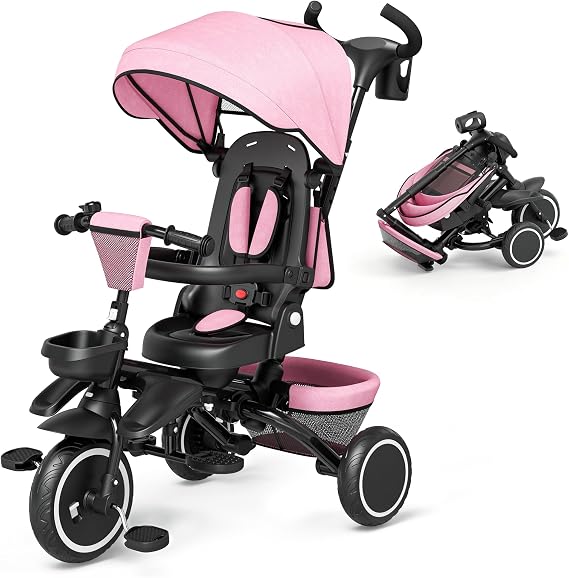Kinder King Kids Tricycle, 8 in 1 Folding Toddler Trike w/Adjustable Push Handle, Rotatable Seat, Adjustable Canopy, Bell, Five-Point Harness, Storage, Bike Tricycle for Toddlers 1-5, Pink