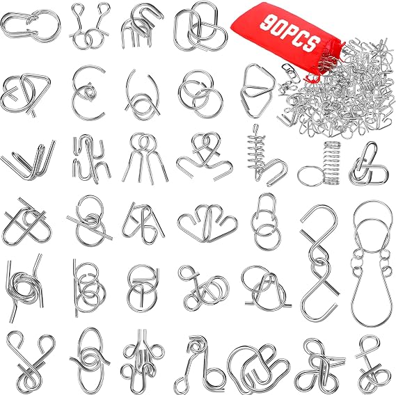 90 Pcs Metal Brain Teaser Puzzles, Steel Wire Brain Games | Iq Challenge Puzzles for Adults Teens, Logic Games, Desk Trinkets Stocking Stuffers, Bulk Set with Storage Pouch