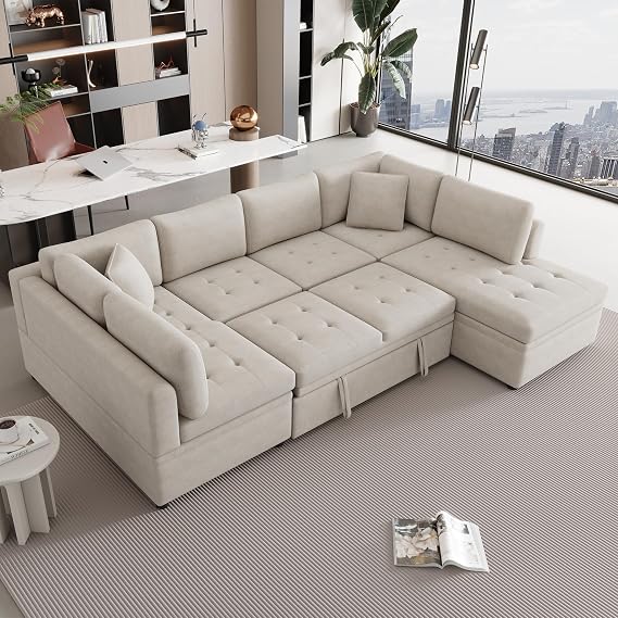 Convertible Sectional Sleeper Sofa with Pull Out Bed and Chaise, U Shaped Sectional Sofa Bed, 7 Seater Sectional Couch Bed, Tufted Oversized Sectional Sleeper Couch for Living Room (Beige)