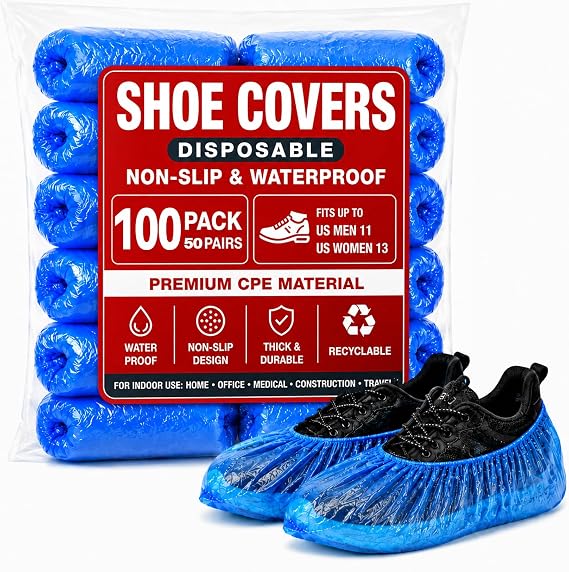 MAQIHAN 100 Pack Shoe Covers Disposable - Non Slip Plastic Booties Covers