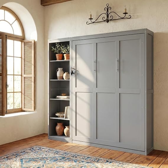 Harper & Bright Designs Queen Size Murphy Bed, Wooden Wall Bed with Shelves, Gray