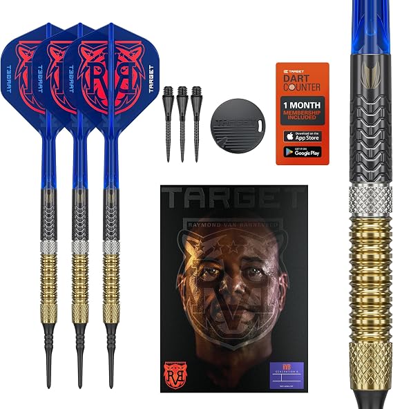 Target Darts Raymond Van Barneveld Soft Tip Generation 6 Dart Set, 18G/20G | 95% Tungsten Darts, K-Flex No.2 Flights & Shafts, Pixel Tips | Player Edition Professional Dart Sets