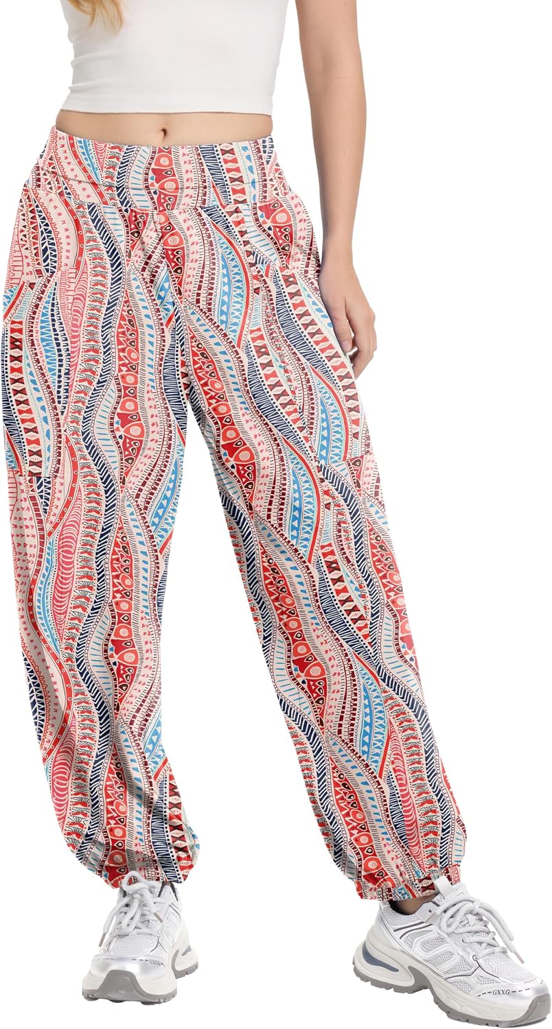 Womens Harem Pants, High Waist Boho Palazzo Trousers with Front Pockets Summer Hippie Pants 2025