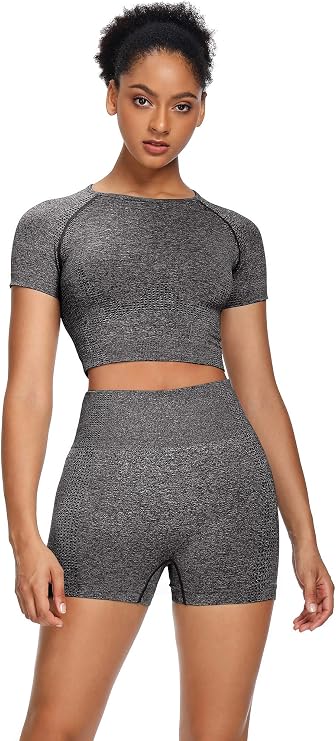 Women Seamless Yoga Outfits 2 Piece Set Workout Gym Shorts + Short Sleeve Crop Top