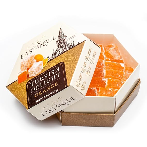 Eastanbul Turkish Delight, Turkish Delights Candy with Orange Flavor, 8.8oz | Lokum, Loukoumi, Narnia Gifts, Vegan Gifts, Nut-Free, Sweet Traditional Confectionery, Soft Candy Dessert