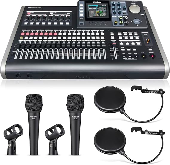 TASCAM DP-24SD with 2 Dynamic Mics and 2 Pop Filters Bundle