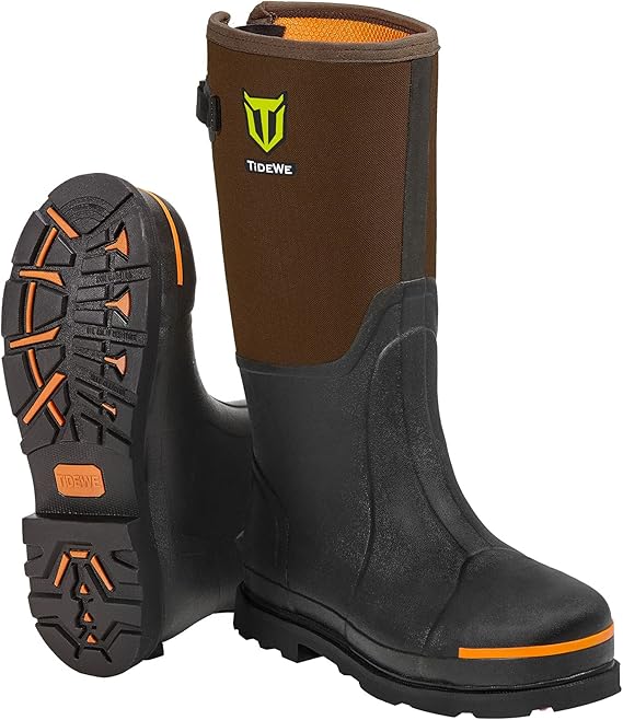 TIDEWE Rubber Work Boots for Men, Steel Toe & Shank, Waterproof Anti Slip | 6mm Neoprene Hunting Boots, for Manufacturing, Construction & Farming, Reinforced Rubber Shell, Black / Brown, Sizes 7-13