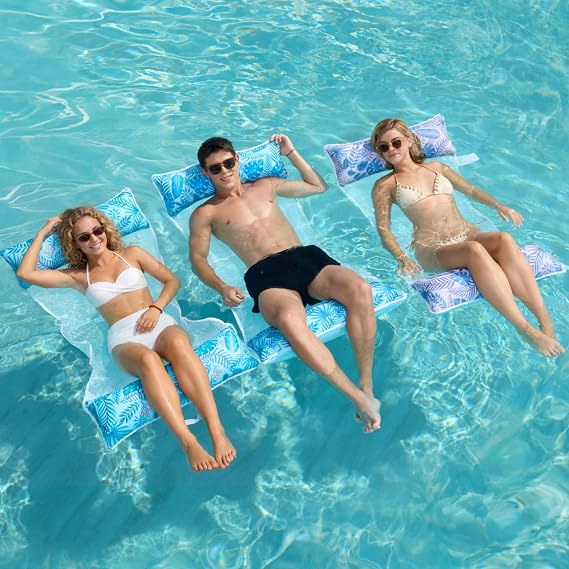 Sloosh 3 Pack Inflatable Pool Float Hammock, Water Lounges, Multi-Purpose Swimming Pool Accessories (Saddle, Lounge Chair, Hammock, Drifter), Lake, Outdoor, Beach