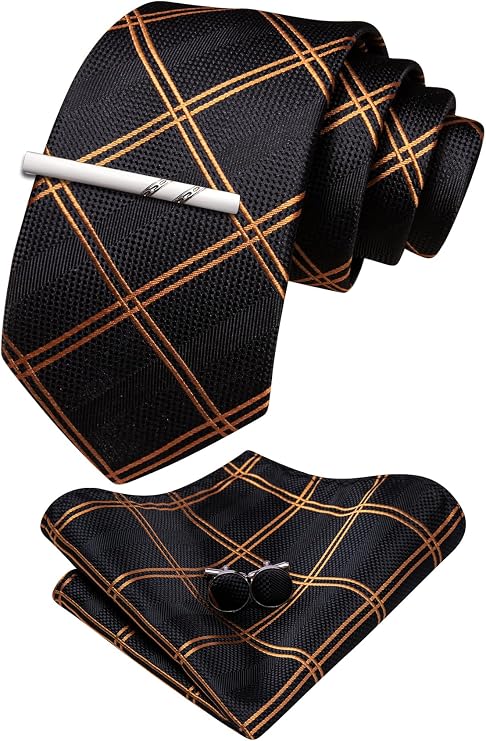 YOHOWA Extra Long Men Tie with Tie Clip Set Solid Plaid Silk Necktie Pocket Square Cufflinks Formal Wedding Party Business
