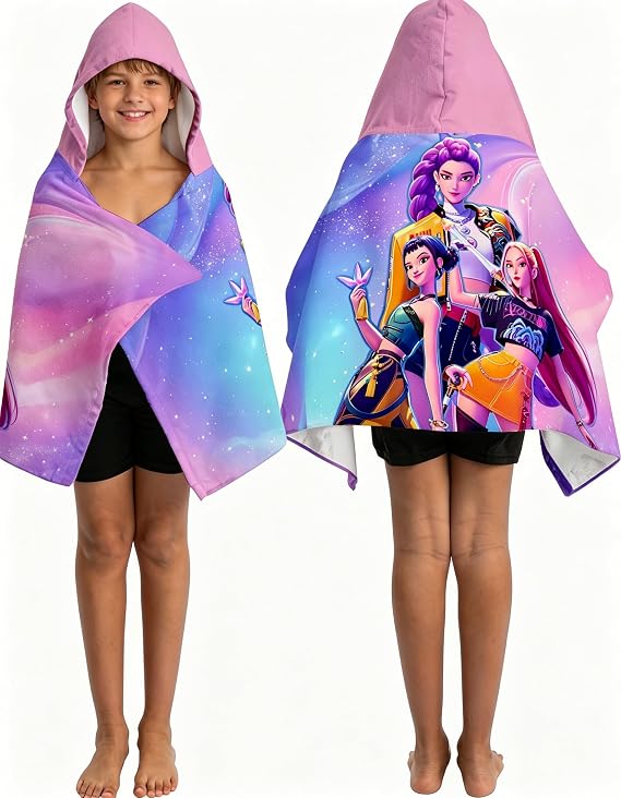 for KPo Demon Hunters Movie Bath/Pool/Beach Soft Cotton Terry Hooded Towel Wrap, 28 in x 55 in (Pink)