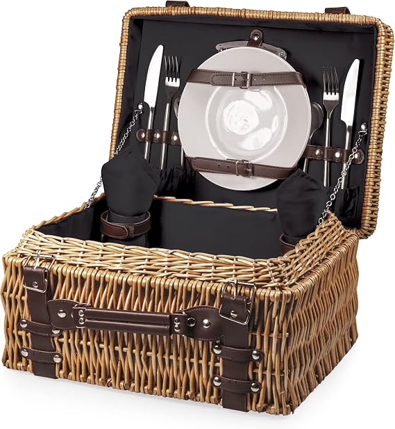 PICNIC TIME Champion Picnic Basket for 2, Romantic English-Style Wooden Wicker Basket with Deluxe Service for 2, Fully-lined Interior, Leatherette Handle and Straps, (Black with Brown Accents)