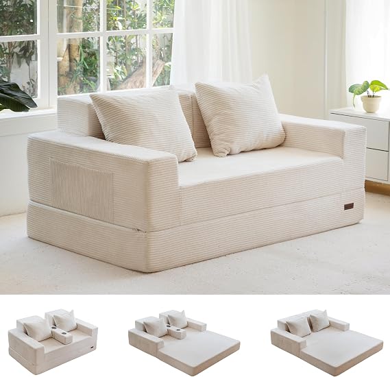 MAXYOYO Folding Sofa Bed, Corduroy Floor Couch with Cup Holder | Convertible Sleeper Sofa Bed with Cup Holder and Pillows, Lazy Compression Sofa for Living Room, Bedroom, Guest Room