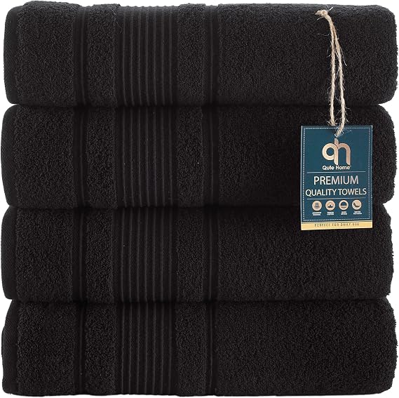 4-Piece Bath Towels Set, 100% Turkish Cotton Premium Quality Towels for Bathroom, Quick Dry Soft and Absorbent Turkish Towel, Set Includes 4 Bath Towels (Black)