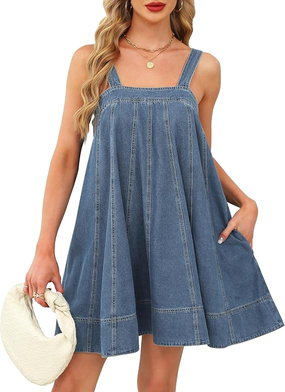 Denim Dress for Women Tie Shoulder with Straps Sleeveless Ruffle Hem Summer Casual mini Jean Dress with Pockets