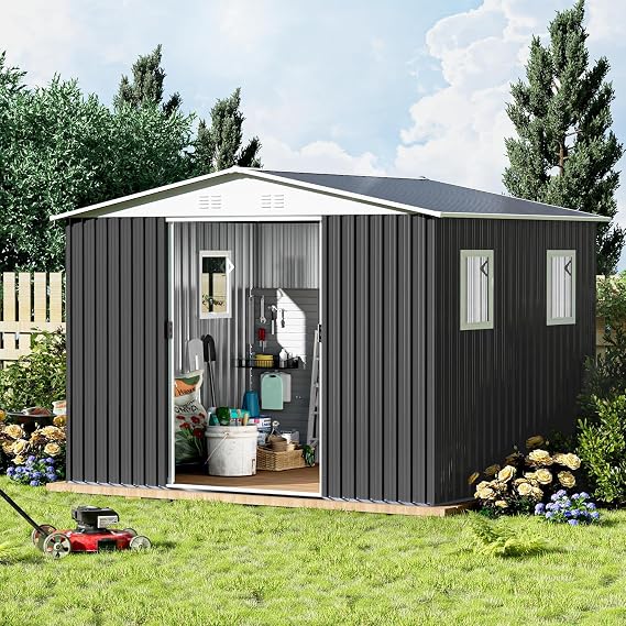 8x10 FT Outdoor Storage Shed, Metal Garden Shed with 4 Windows, Outside Tool Shed with Lockable Sliding Doors, Waterproof Storage Building with 4 Air Vents for Backyard, Patio, Lawn, Gray