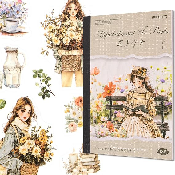 YagCu Journaling Stickers, Paris Series Scrapbook Sticker, Girls and Flowers Junk Journal Supplies, Pre-Cut Aesthetic Scrapbooking for Adults, Decorative Arts Craft Collage