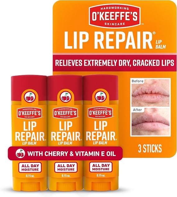 O'Keeffe's Lip Repair Balm Stick with Cherry & Vitamin E Oil, 3-Pack | Moisturizer for Extremely Cracked, Dry Lips, Heals and Repairs, Intense Hydration, Hypoallergenic