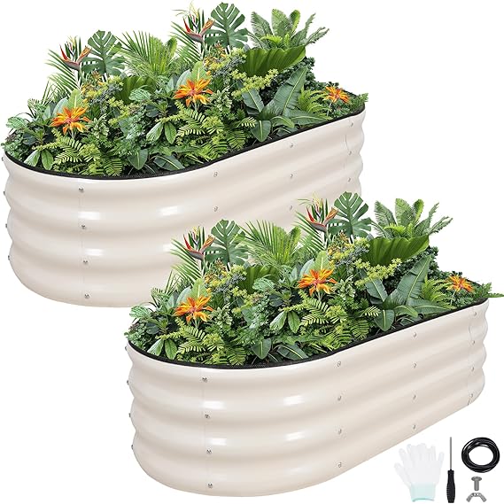 Galvanized Raised Garden Bed Kit,120x60x30CM,White,2Pcs | Metal Raised Bed Planter Bed with Safety Edging and Gloves for Vegetables, Fruits, Flowers.