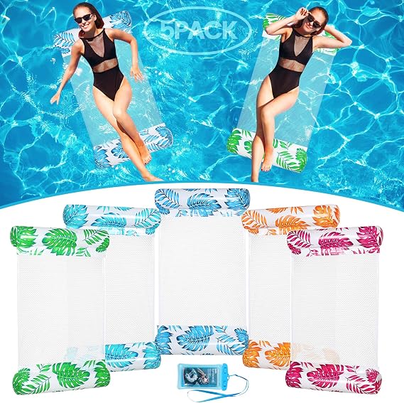 3/5 Pack Leaf Pattern Pool Hammock - Upgraded 4-in-1 Water Float (Hammock/Saddle/Lounge Chair/Drifter) with Free Waterproof Phone Pouch - Non-Stick PVC Pool Floats