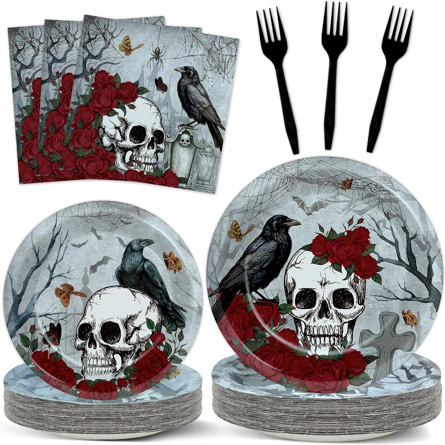 96pcs Halloween Gothic Skull Party Plates and Napkins, Rose Crow Party Decorations for Halloween Party Paper Dessert Plates, Halloween Skeleton Day of The Dead Birthday Tableware Decor, Serve 24