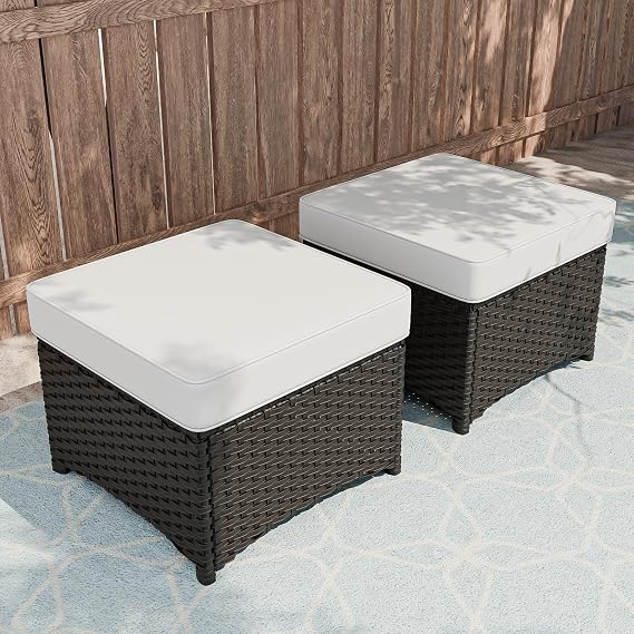 COOS BAY Stone Harbor Outdoor Wicker Ottomans, Small Patio Ottoman Set of 2, Square Rattan Ottoman Foot Rest for Patio Backyard Deck Porch, Brown/Beige