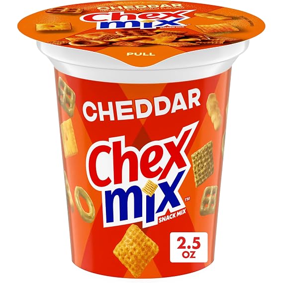 Chex Mix Cheddar Snack Mix, Snack Cup, 2.5 oz | Individual Cup, Fits Car Cupholder, Corn & Wheat Chex, Pretzels, Cheese Crackers, 50% Less Fat than Regular Potato Chips