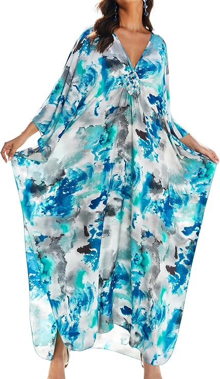 Yanziliu Women Kaftan Dresses Plus Size V-Neck Batwing Sleeves Beach Cover Up Summer Floral Print Caftan Dress
