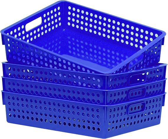 Soddeph 4 Pack Stackable A4 Paper Organizer Trays, Plastic Storage Bins with Handles, Hollow Design Organizer Baskets for Classroom, Office, Home Use