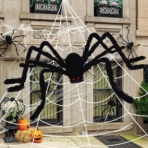 5 m Giant Spider Web, 150 cm Hairy Spider and Stretchy Cobwebs, Halloween Decorations, Creepy Artificial Spider with Triangular, Large Spider Web, Large Props
