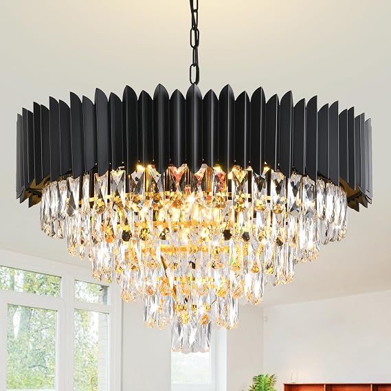 Modern Crystal Chandeliers for Dining Room 6 Tiers Black Chandelier Living Room Round 15-Light Contemporary K9 Raindrop Ceiling Hanging Pendant Light Fixture for Entryway W72cm ，E14*15Light [Energy Class G]