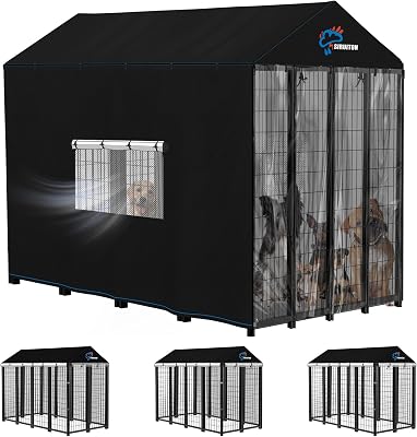 SIRUITON Outdoor Dog Kennel Cover,600D Full Coverage Waterproof Kennel Cover,with Transparent Film,Breathable Mesh Curtain & 4 Waterproof Zippers,Rain,Snowproof,Wind & Sun,8Dx4.1Wx6HOnly Cover