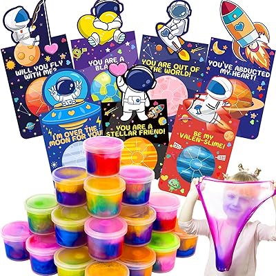 28 Pack Valentines Day Gift for Kids, Galaxy Slime Stress Relief Fidget Toy with Valentines Day Cards, Valentines for Kids Classroom, School Valentine Party Favors