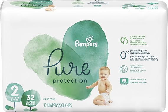Diapers Size 2, 32 Count - Pampers Pure Protection Disposable Baby Diapers, Hypoallergenic and Unscented Protection, Mega Pack (Old Version)
