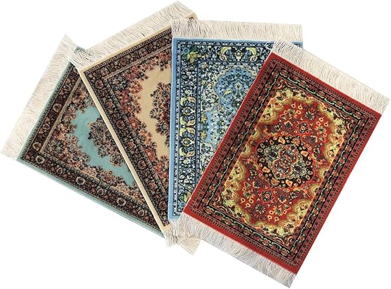Turkish Rug Coasters Set of 4 Carpet-Style Drink mats with Fringe, Non-Slip Backing, Decorative Home Accent | Dining Accessory