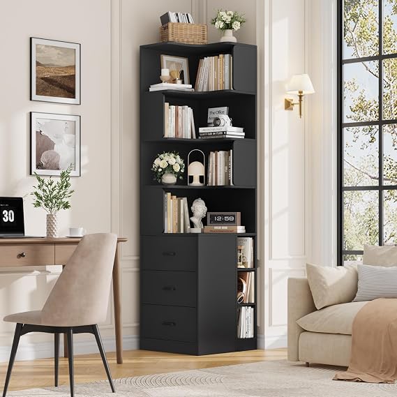 76.8 Corner Bookshelf with 3 Drawers and 3 Side Storage Cubbies, L Shaped Tall Bookshelf and Bookcase, 4 Tier Corner Bookcase, Wood Narrow Book Shelf for Living Room, Office, Black