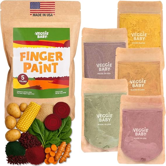 Veggie Baby Edible Finger Paint for Babies - Non Toxic Baby Safe Paint Powder, 5 Pouches, Vegan Vegetable Colors, Easy Clean, Made in USA, Creative Play for 6 Months+