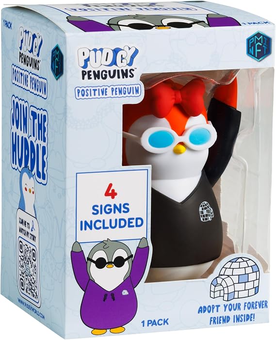 Pudgy Penguins NFT Positive Penguin - Black Shirt - 5 Inch Premium Molded Figurine Toy Holds Cards with 8 Inspirational Affirmation Messages - Perfect for Your Desk, Table or Night Stand