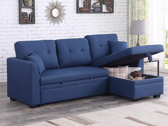 BEEY Sleeper Sofa Bed, 82" Small Convertible Sectional Sofa Couch with Storage Chaise, L Shaped Couch with Pull Out Bed for Bedroom, Living Room (Navy_Blue_2)
